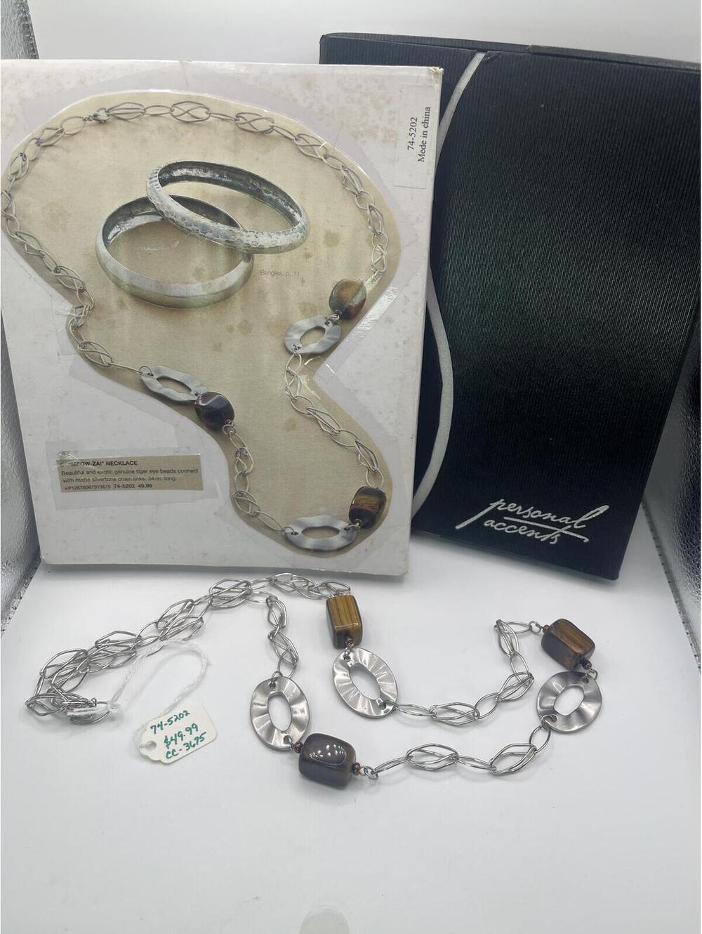 Silvertone Tiger Eye Statement Necklace Beads & Chain Link New Personal Accents
